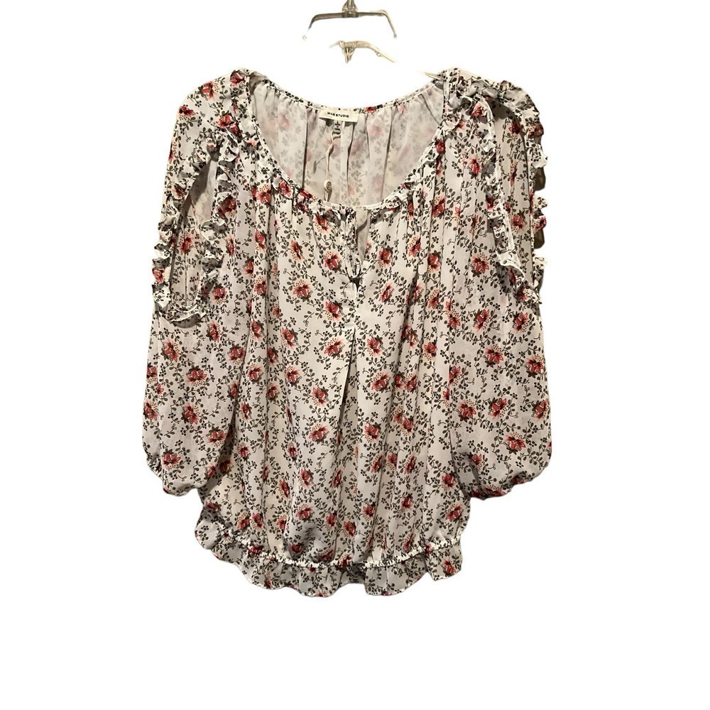 Max Studio Blouse Top Women L‎ Beige Floral Cold Shoulder Long Sleeve Round Neck